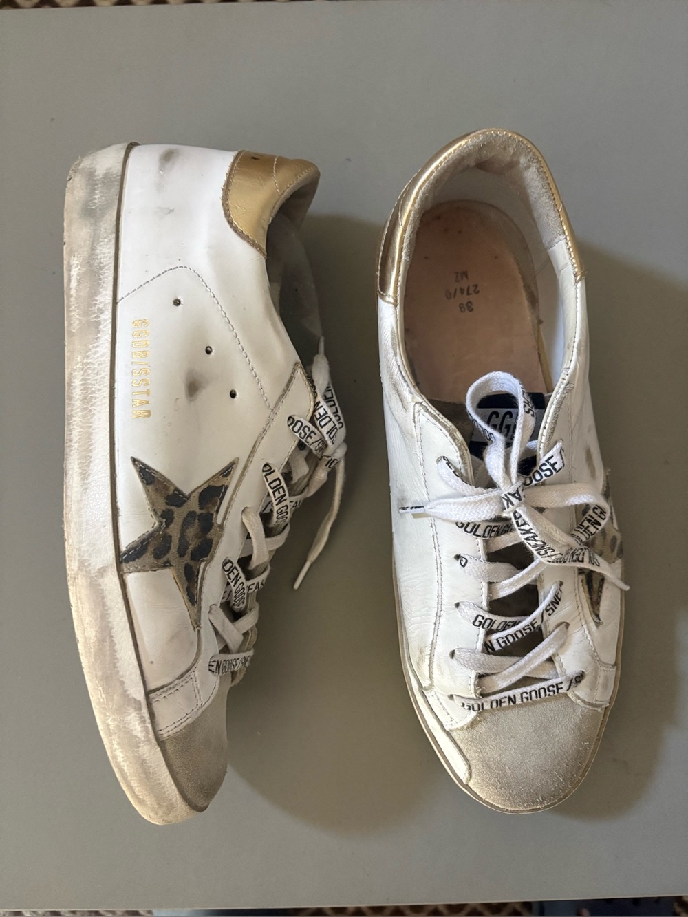 Golden Goose White Leather Sneakers with Gold Heel and Leopard Star